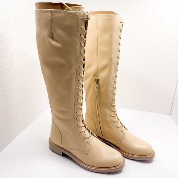 Sam Edelman Nance Boots 7M Women’s Lace Up Knee High Eggshell Leather Riding NIB - Picture 4 of 13
